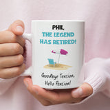 Funny Personalised Retirement Mug, The Legend Has Retired Goodbye Tension Hello Pension, Custom Retired Gift, Retirement Present Colleague
