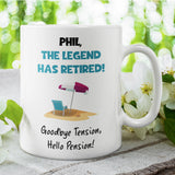 Funny Personalised Retirement Mug, The Legend Has Retired Goodbye Tension Hello Pension, Custom Retired Gift, Retirement Present Colleague