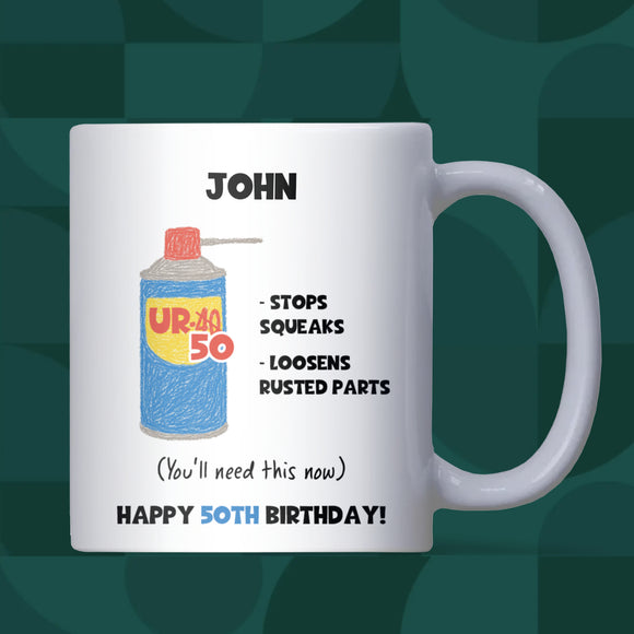 Personalised 50th Birthday Mug, Funny DW50 Age Joke Cup, Novelty Gift for Men, Dad Brother Husband Friend, Custom 50th Birthday Present