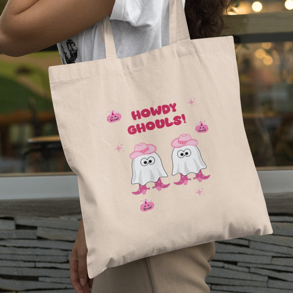 Howdy Ghouls Tote Bag, Cute Pink Ghost Halloween Tote, Funny Boo Basket Gift for Her, Girlfriend Halloween Bag, Best Friend Boo Box