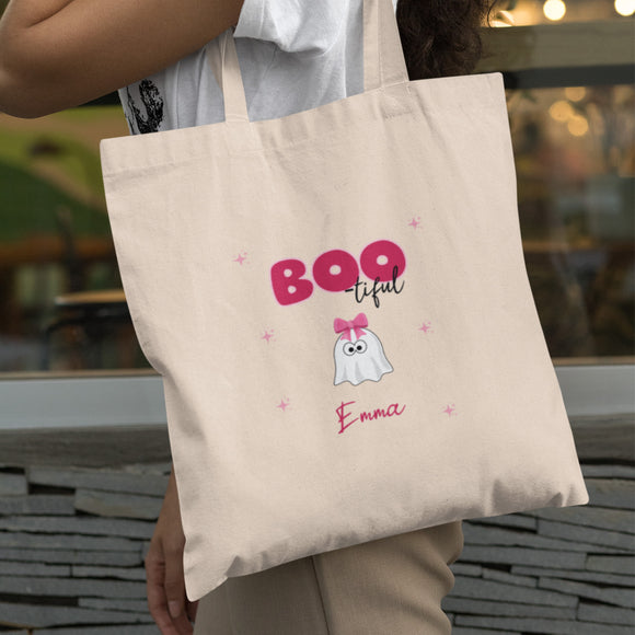 Personalised Boo-tiful Tote Bag, Cute Halloween Tote with Name, Custom Ghost Tote Bag, Boo Basket Gift for Her, Girlfriend Halloween Bag