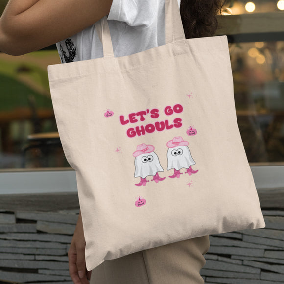 Let’s Go Ghouls Tote Bag, Cute Pink Ghost Halloween Bag, Funny Boo Basket Gift for Her, Girlfriend Halloween Tote, Best Friend Boo Box