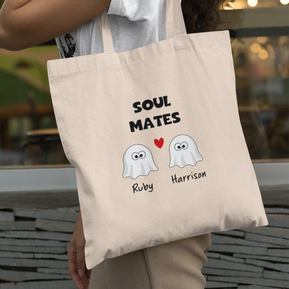 Personalised Soul Mates Tote Bag, Custom Ghost Couple Halloween Tote, Cute Halloween Couple Gift for Girlfriend, Boo Basket Gift for Wife