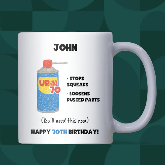 Personalised 70th Birthday Mug, Funny DW70 Age Joke Cup, Novelty Gift for Men, Dad Grandad Husband Brother, Custom 70th Birthday Present