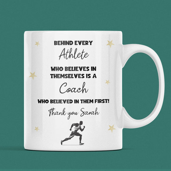 Personalised Athlete Thank You Mug, Behind Every Athlete Mug, Sports Coach Gift, End of Term Coach Present, Track and Field Gift for Coach