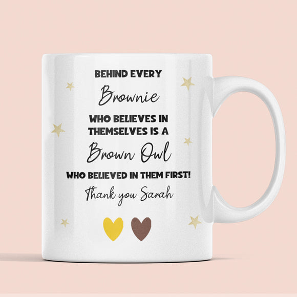 Personalised Brownie Thank You Mug, Behind Every Brownie Mug, Barn Owl Leader Gift, Girlguiding End of Term Gift, Thank You Barn Owl Present