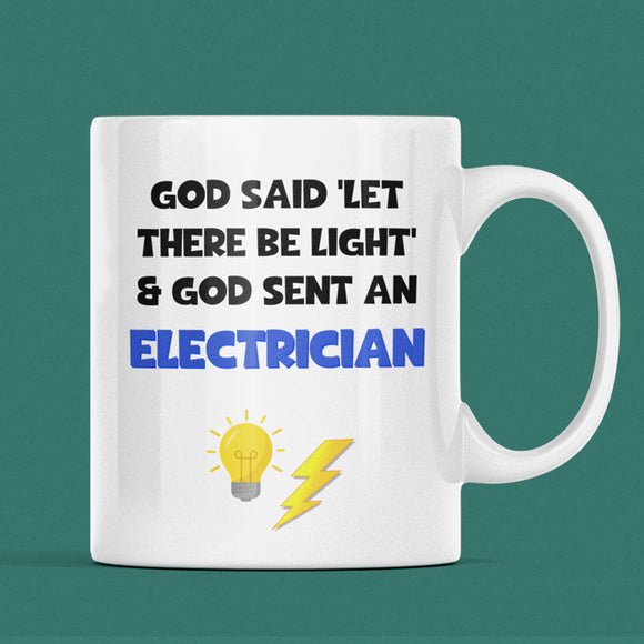 Electrician Gift Mug UK, Funny Tradesman Mug, Let There Be Light, Electrical Worker Present, Sparkie Coffee Cup, Just Qualified Electrician