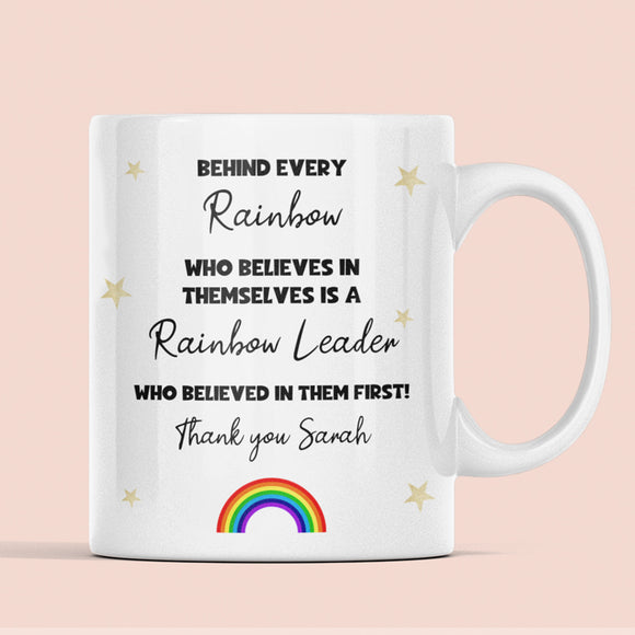 Personalised Rainbow Leader Thank You Mug, Behind Every Rainbow Mug, Girlguiding Rainbow Leader Gift, End of Term Rainbow Leader Present