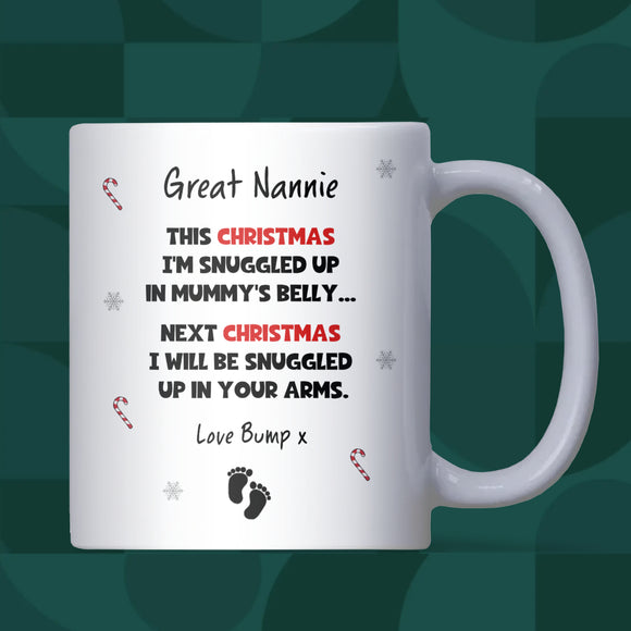 To Great Nannie at Christmas From Bump Mug, New Great Nannie Christmas Gift, Great Nannie To Be Pregnancy Reveal, Great Nannie Xmas Gift