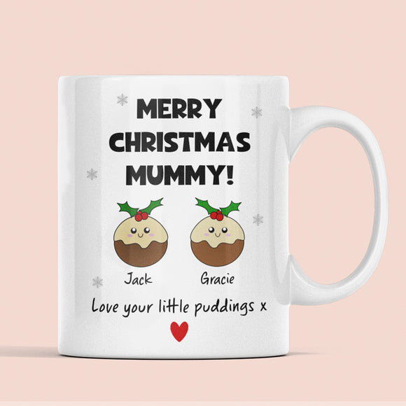 Personalised Merry Christmas Mummy Love Little Puddings Mug, Christmas For Mummy From Kids