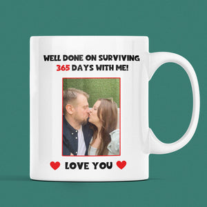 Personalised Photo Surviving 365 Days First Anniversary Funny Mug, 1st Anniversary Gift