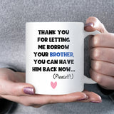 Thanks for Letting Me Borrow Your Brother Mug, Funny Sister-in-Law or Brother-in-Law Gift, Christmas or Birthday Joke Mug for Sibling in Law