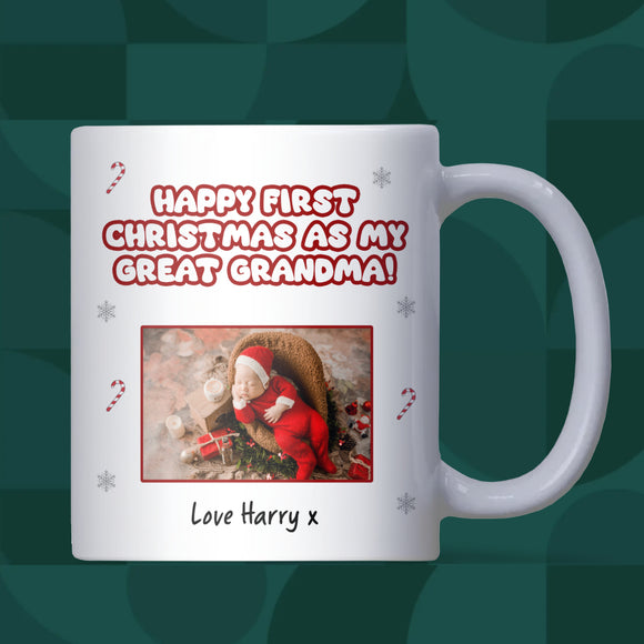 Personalised Photo Great-Grandma Mug, “Happy First Christmas As My Great-Grandma”, New Great-Grandma Gift from Baby, First Christmas Great-Grandma Keepsake