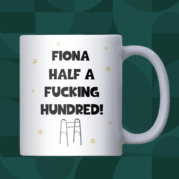 Personalised Half Way to 100 Mug, Funny 50th Birthday Gift, Milestone Fiftieth Birthday Present, Half a Hundred 50th Birthday Joke Present