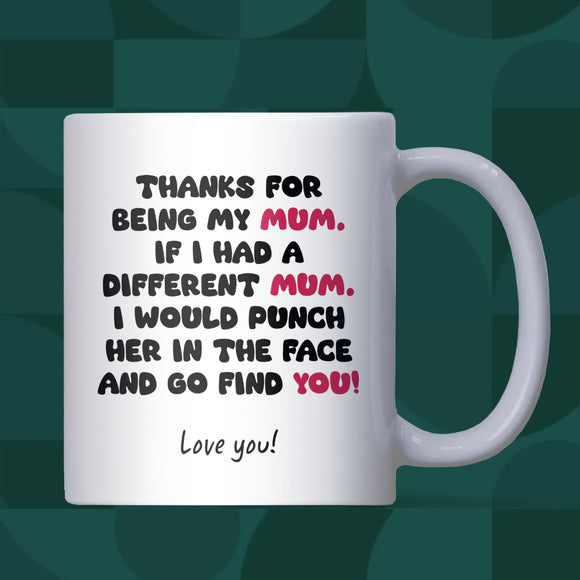 Funny Mum Punch Joke Mug, Humorous Coffee Mug for Mum, Birthday or Christmas Gift, 60th Birthday Mum Gift