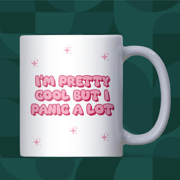 Funny “I’m Pretty Cool But I Panic a Lot” Mug, Secret Santa Anxiety Gift, Funny Colleague or Boss Christmas Gift