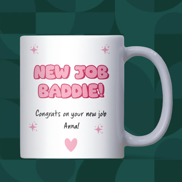 New Job Baddie Mug, Congratulations on Your New Job Mug, Personalised Pink Coffee Mug, Girly Aesthetic Office Gift, Friend New Job Gift