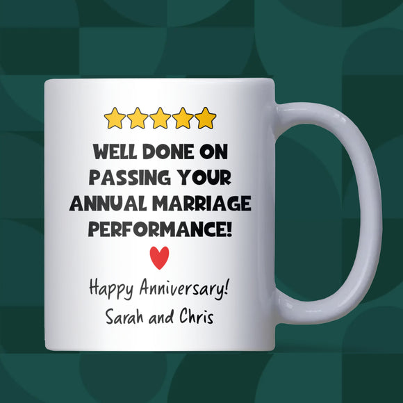 Annual Marriage Review Mug, Personalised Anniversary Performance Review, Funny Wife or Husband Anniversary Gift